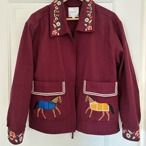 Found Maroon Embroidered Bomber Jacket with Horse Design